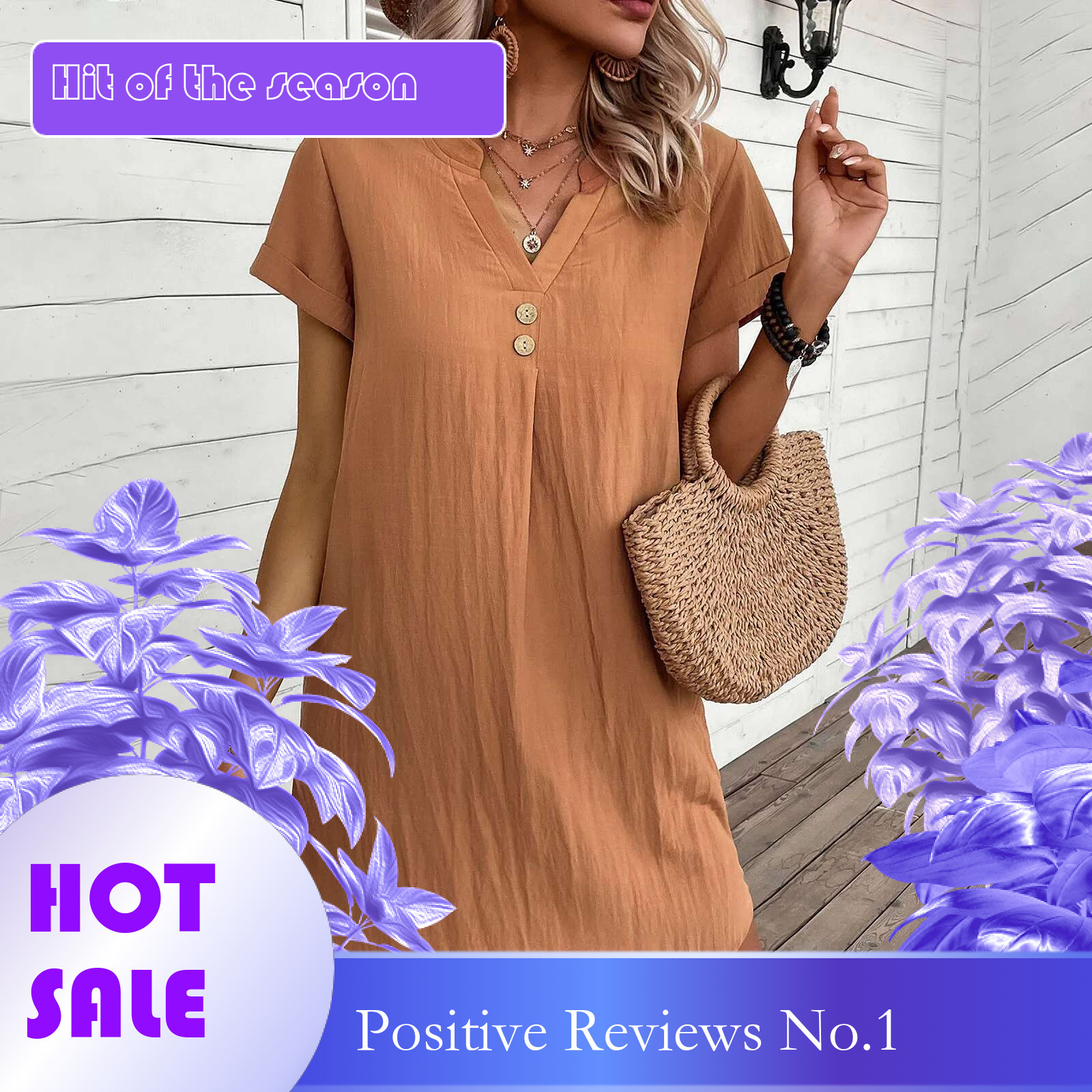 Dongdumaoyi Summer New V Neck Commuter Dress Women Solid Pullover Casual Button Pleated Raglan Short Sleeve Loose Waist Female