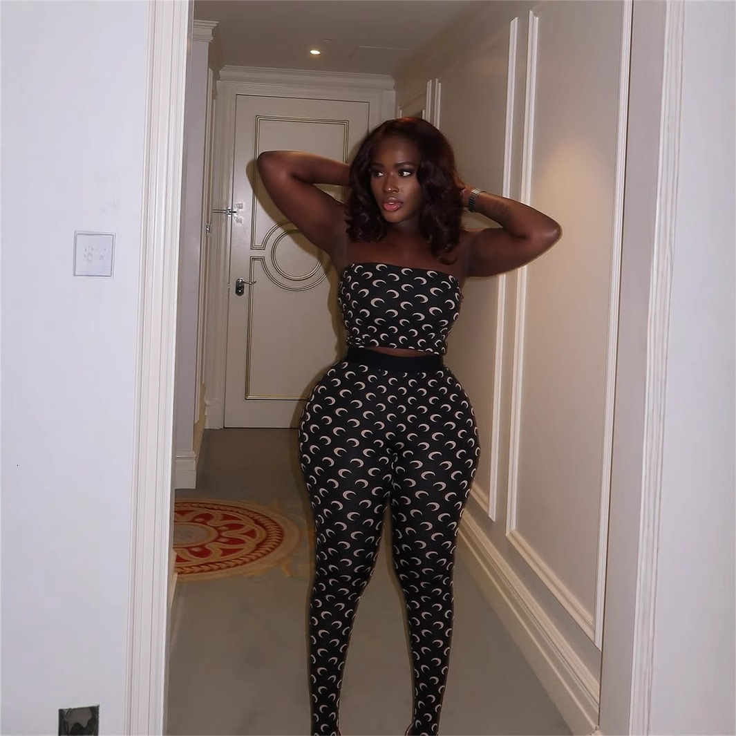 S Designer New Women Clothing Sexy Fashion Trend Moon Print Elastic Slim Fit Top And Bottom Pants Set