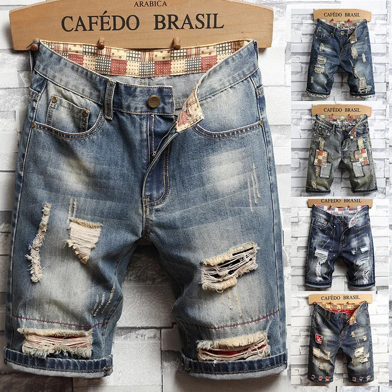 Summer Mens Retro Open Front Shorts Street Clothing Fashion Hole Straight Slimming Denim Pants 250409