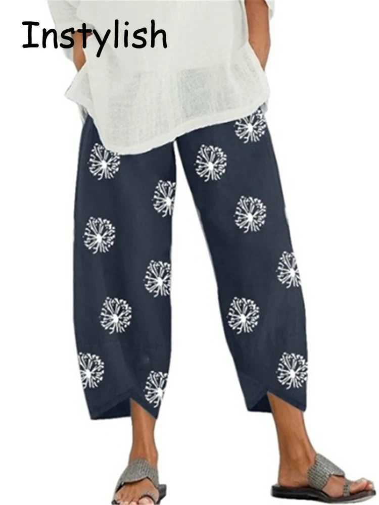 Retro cotton and linen loose harem pants casual high waist wide leg Trouser womens Harajuku printed pocket pants oversizedXJ250403