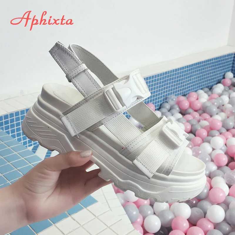 New Arrival Aphixta 8cm platform sandals womens wedge high heels womens leather canvas summer Zapatos unprinted wedge womens sandals T250409