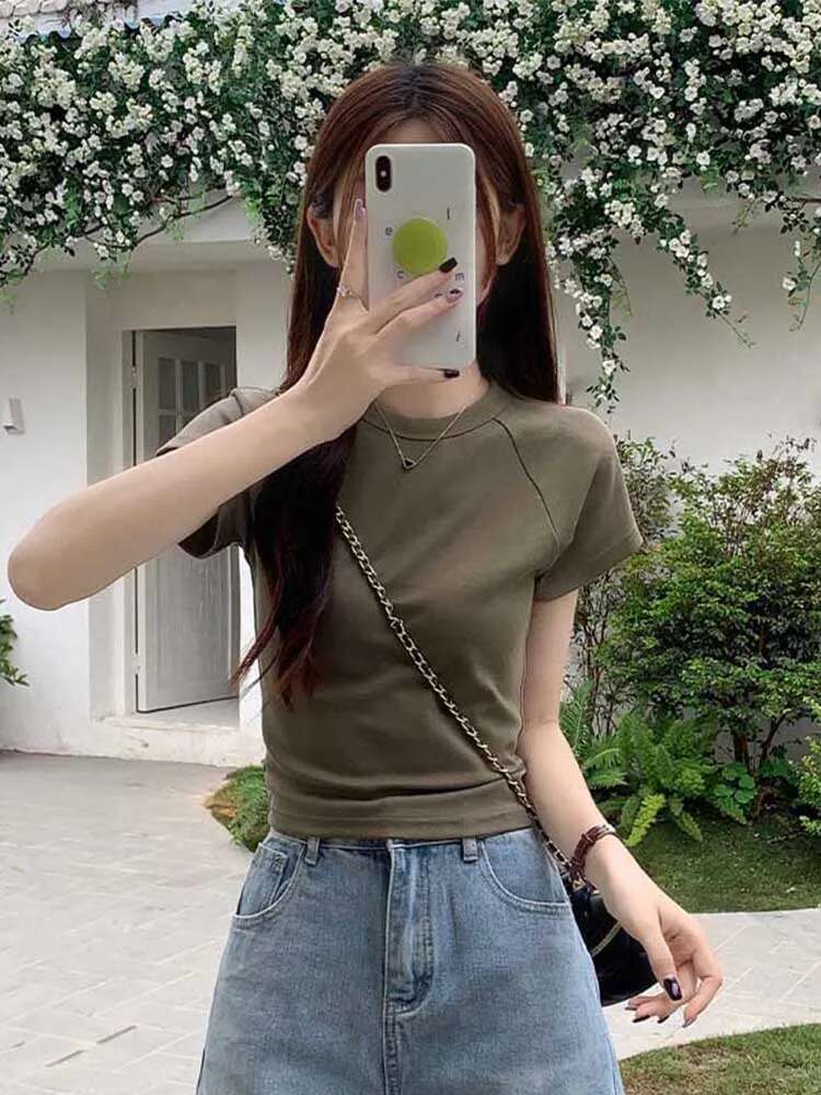 2024 Sexy O Neck Slim T Shirt Women Cotton Elastic Basic Solid Female Casual Korean Tops Short Sleeve Thin T-shirts