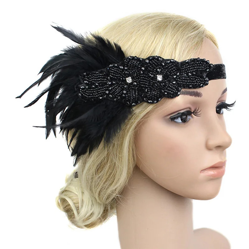 Roaring 20s Black Feather Headband 1920s Flapper Headpiece Women Costume Headwear Great Gatsby Party Hair Accessories 250409