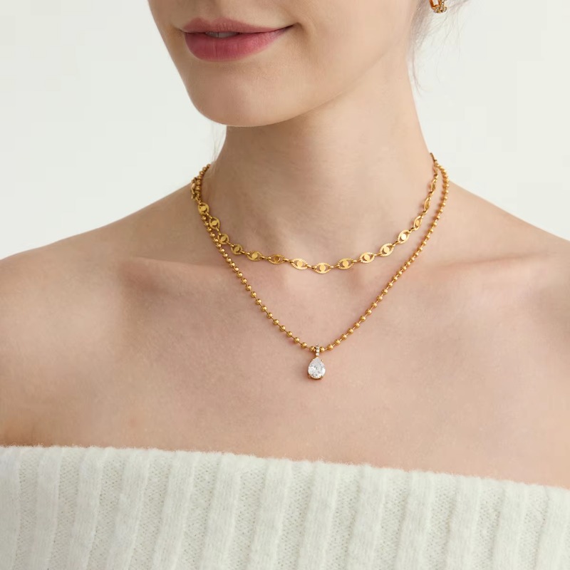 Women Fashion 18K Gold Dainty Delicate White Zircon Bead Chain Ring Pendant Necklace