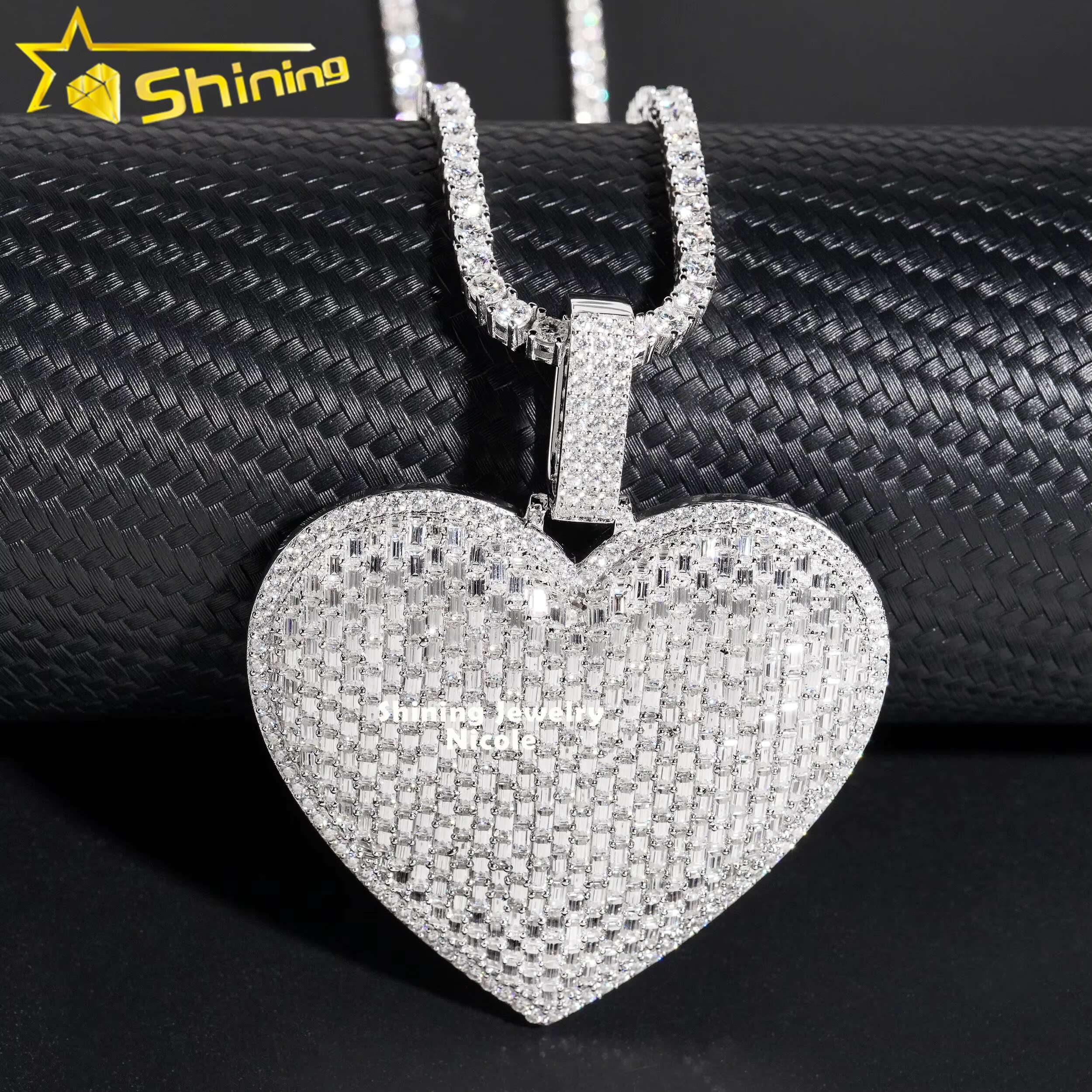 Luxury Big Heart Fully Iced Out Baguette Diamond Silver 925 Custom Moissanite Hip Hop Pendant