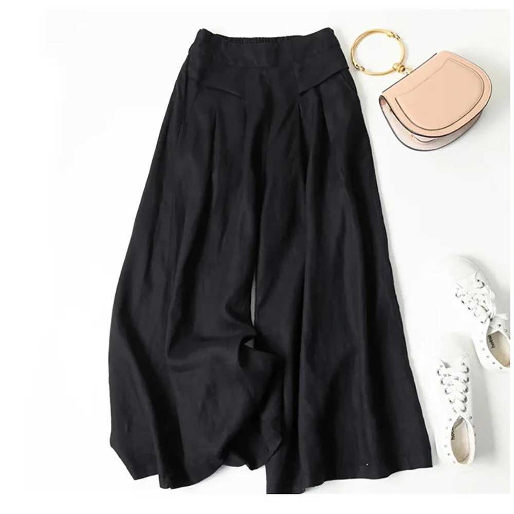 Womens summer pants cotton linen oversized wide leg pants womens artistic style elastic waist solid casual loose pantsXJ250403