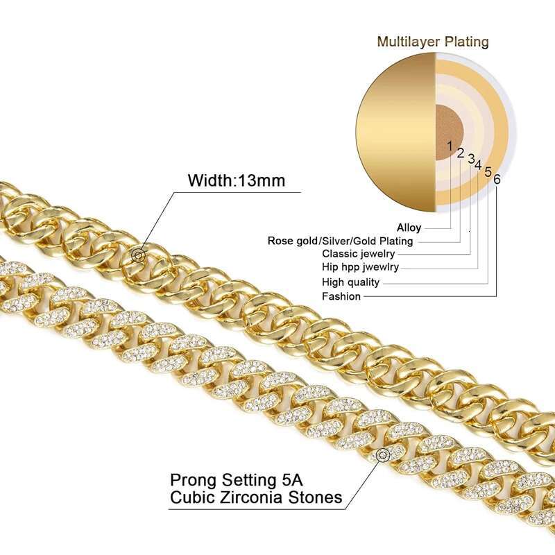 Men Cuban Chain Hip Hop Bracelet Necklace Silver Metal Link Chains Rhinestone Mens Jewelry Bracelets Necklaces
