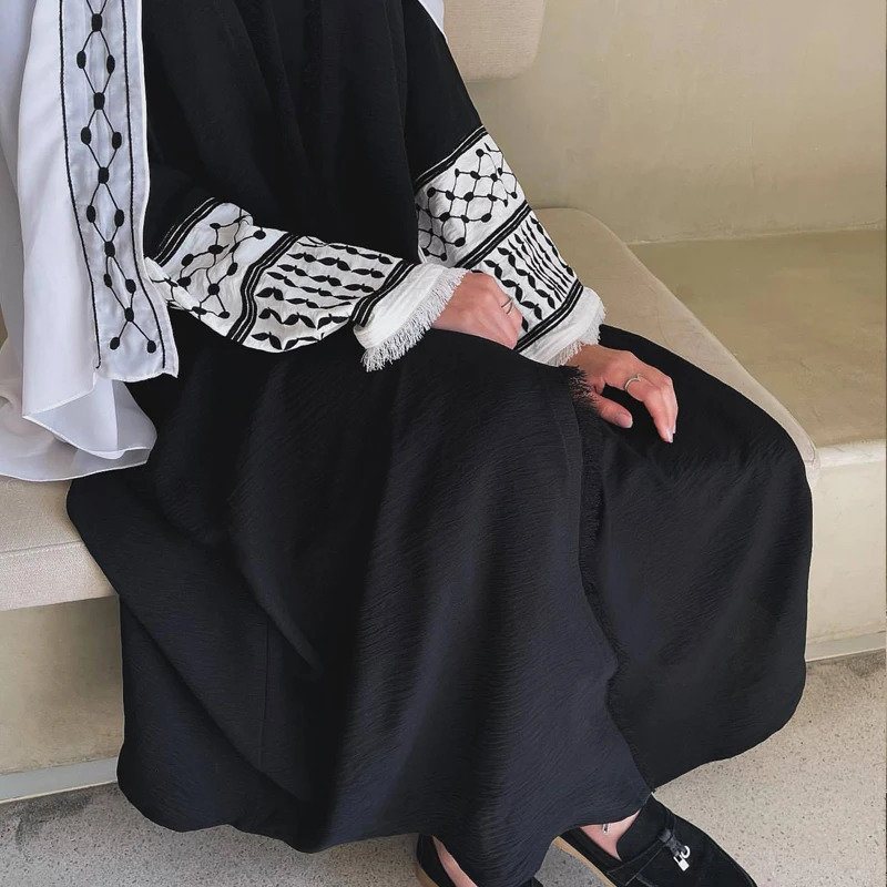 pleated soft crepe ed Muslim Kefiyyeh Abaya Ramadan tassel Dubai womens dress humble Islamic clothing 250409