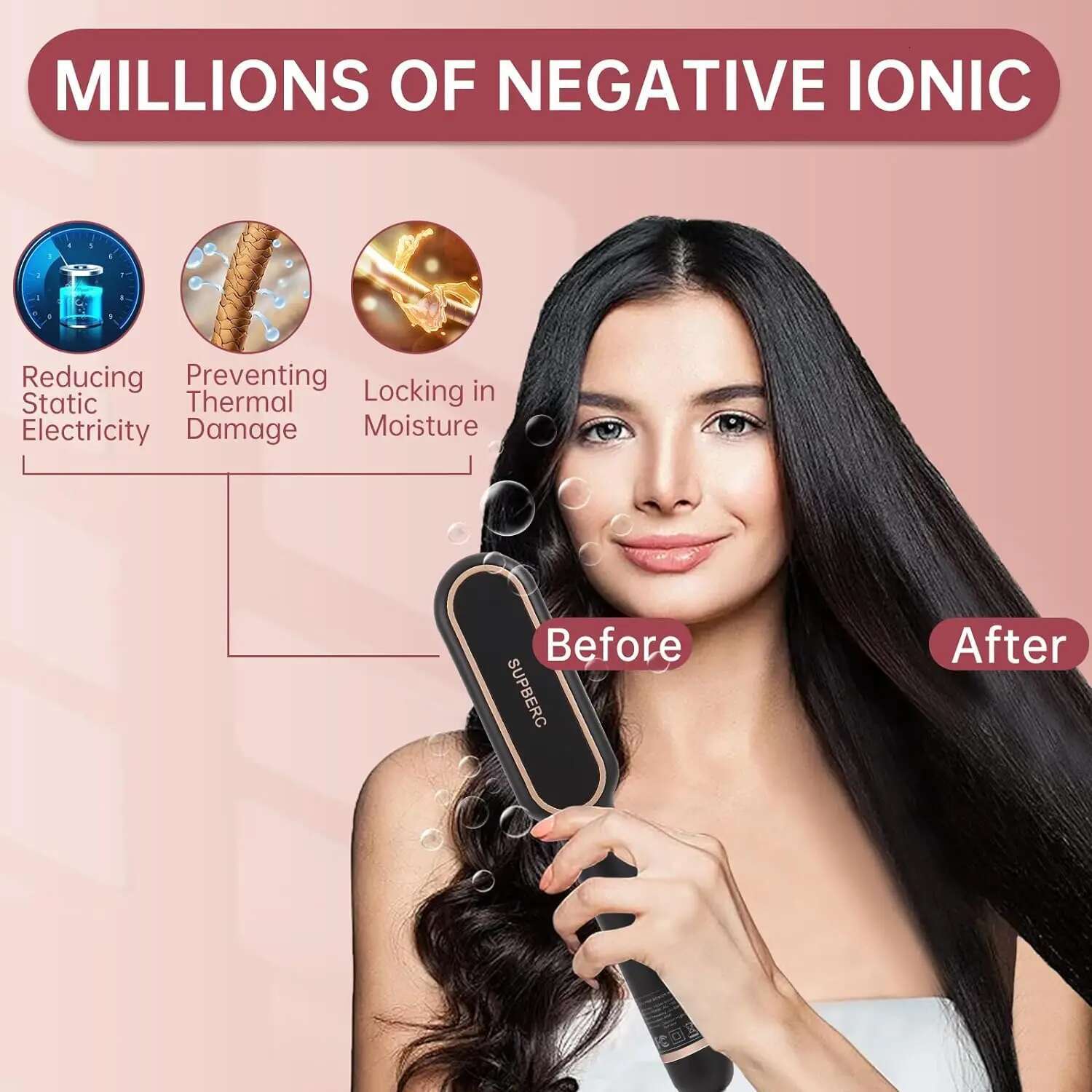 Ap02 Negative Ionic Brush, Fast Heating, Anti-Scald & Auto-Shut Off Hair Brush Straightener For Women