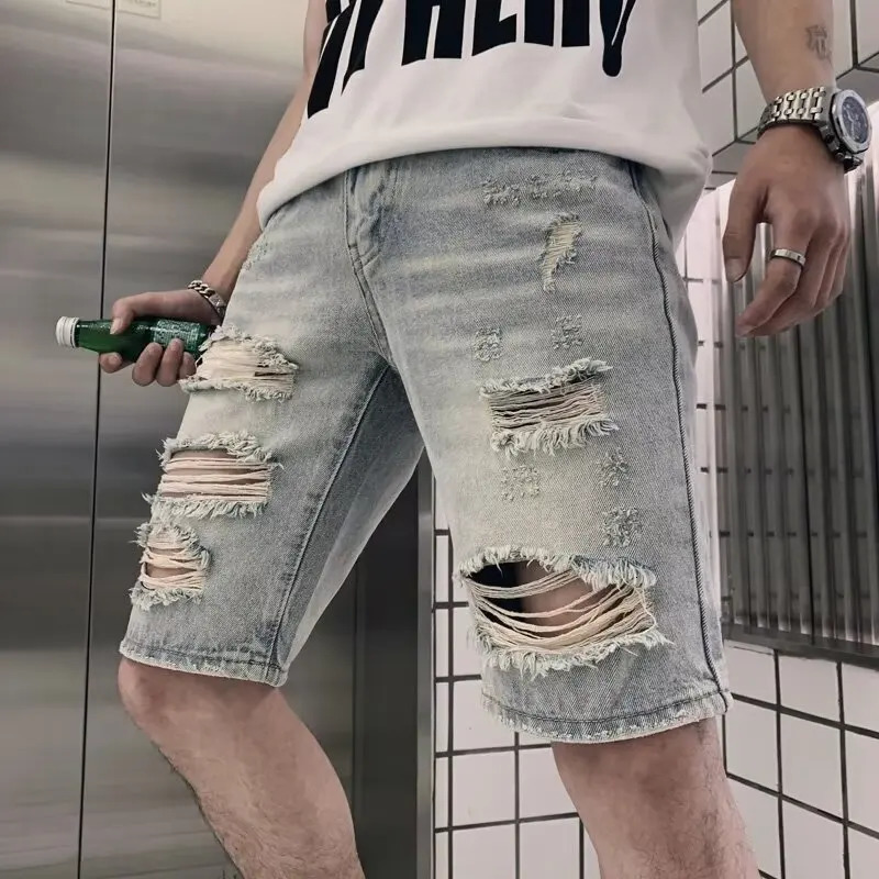 Beggar denim shorts mens summer thin trend of wearing tight pants Korean version clown 250409