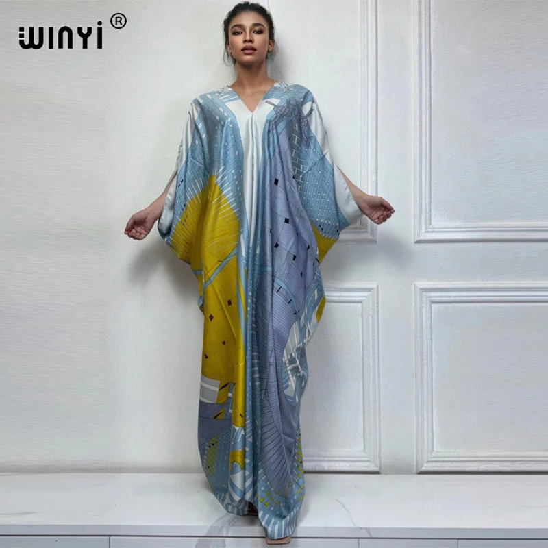 WINYI Summer Kaftan Kuwait Womens Bohemian Printed Beach Long Dress Dubai y Abaya Muslim Fashion Evening 250409