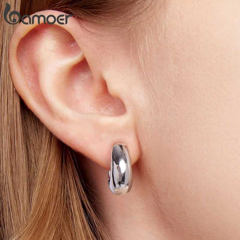 BAMOER White Gold Plated 925 Sterling Silver Post Glossy Hoop Earrings High Polished Trendy Fashion Jewelry for Women Bijoux Z250408