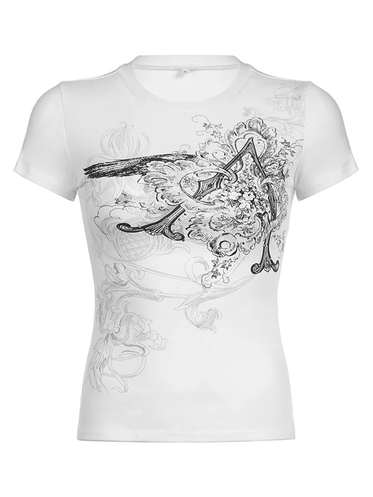 Retro Graphic Crop Top White Short Sleeve O Neck Casual T Shirt for Women y2k Aesthetic Vintage Basic Tees Ladies Clothes 250409