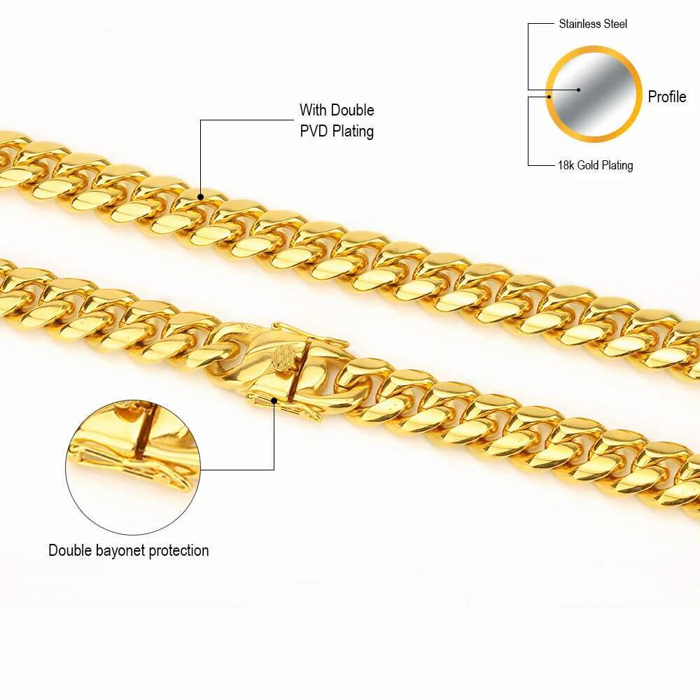 Gold Plated Stainless Steel Cuban Link Chain Bracelet with Secure Box Buckle 14mm