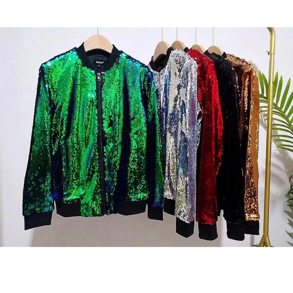Womens autumn sequin jacket loose baseball stage performance shiny top Casacos Feminino y womens 250409