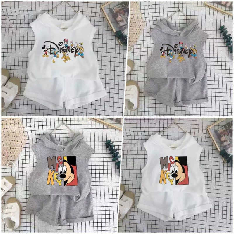 Disney Childrens vest hooded set summer new shorts for boys and girls card boy sleeveless and stylish casual two-piece setXJ250409