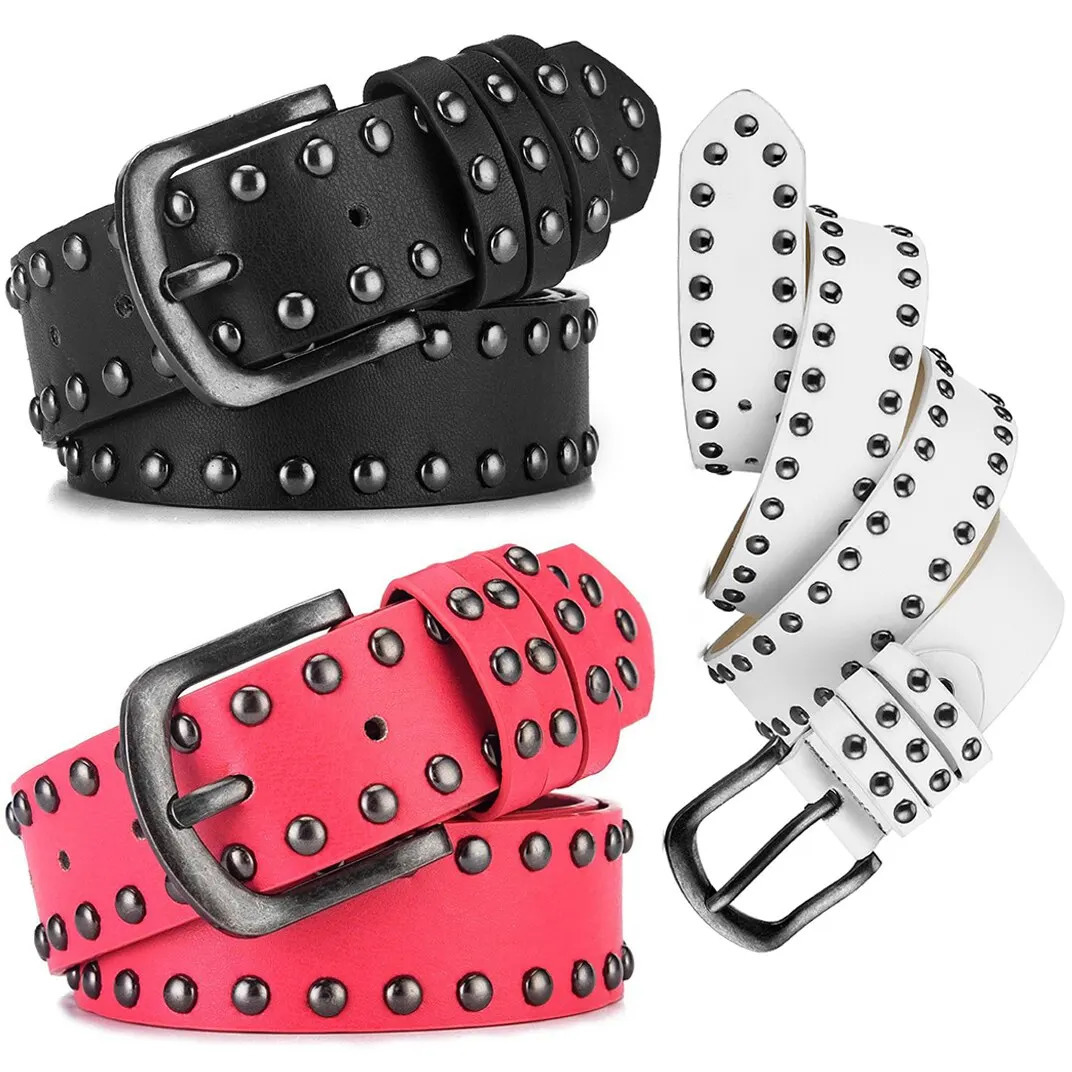 1pc Mens Retro Alloy Needle Buckle Womens Belt Round Rivet Belt Punk Hip Hop Rock Jeans Belt PU Leather Belt For Men and Women 250409