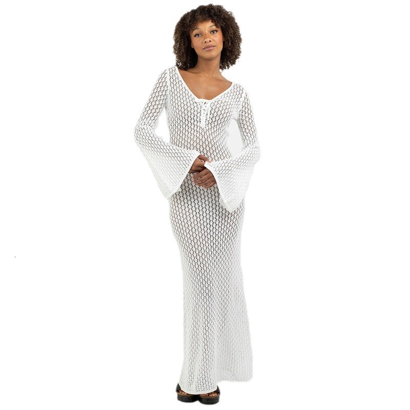 2025 Summer New Beach Skirt Womens Solid Color Sexy Knitted Beach Bikini Swimming Womens Dress