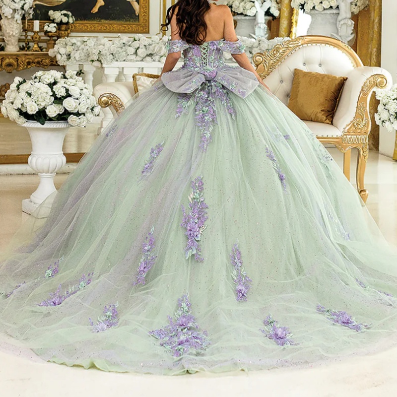Green Shiny Princess Quinceanera Dresses Off Shoulder Applique Lace Beading Crystal Bow Tull Sweet 16 Dress Ball Gown Vestidos 15 De Anos