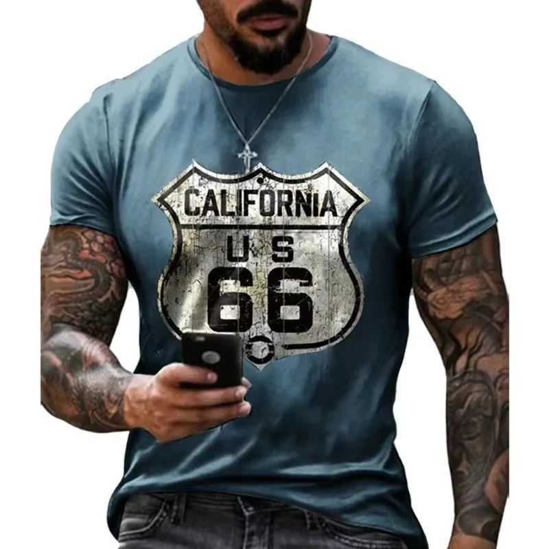 Hot selling summer mens clothing mens oversized short sleeved mens 3D printed classic retro short sleeved top Highway 66 T-shirtXJ250409