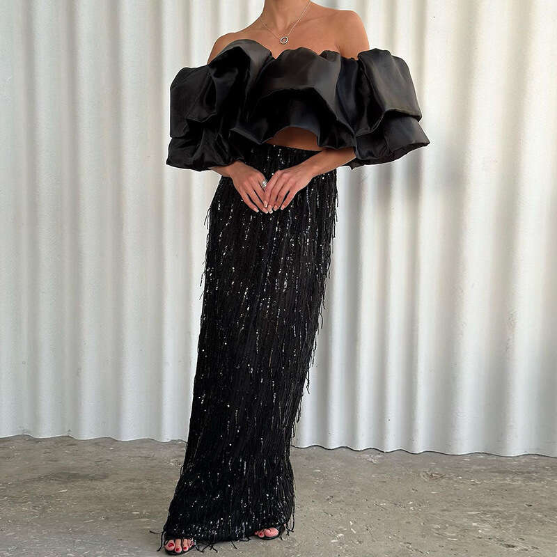 HY078 Fashion Tassel Cross-Border Bingbing Sequin Party lace dress Long Skirt for Women bodycones club wear