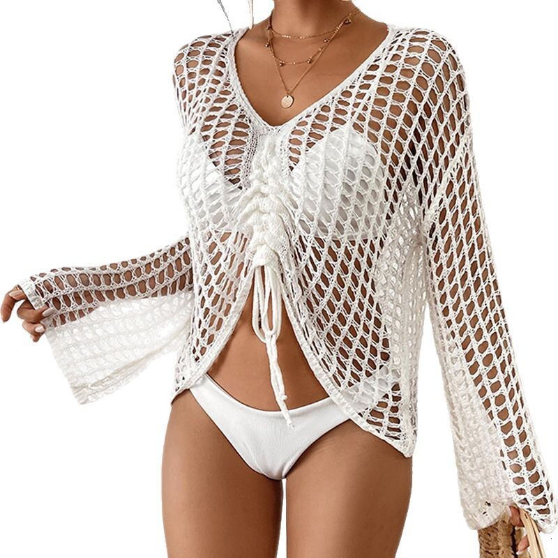 Wind sexy hollow see through hooded sweater knitted vacation beach long sleeved dress