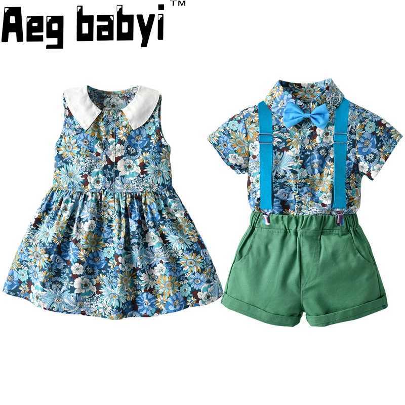 Baby boy girl costume brother sisters summer baby boy gentleman costume suit+baby girl flower princess costume party S2548