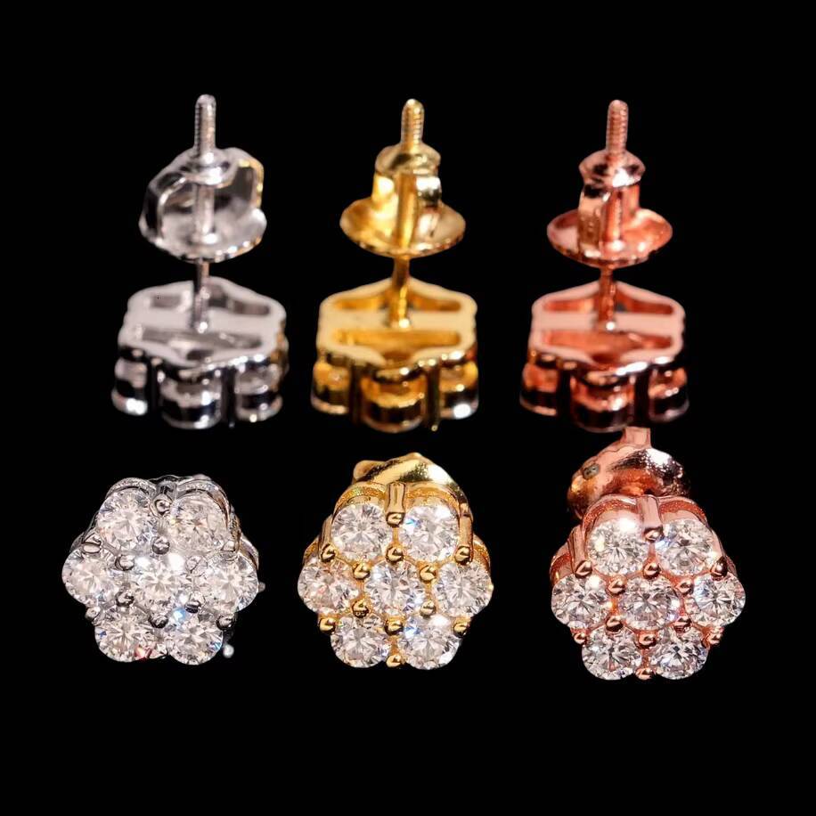 Hip Hop Fine Jewelry 925 Silver Screw Back Iced Out Round VVS Moissanite Flower Stud Earrings for Men Party Daily Wear