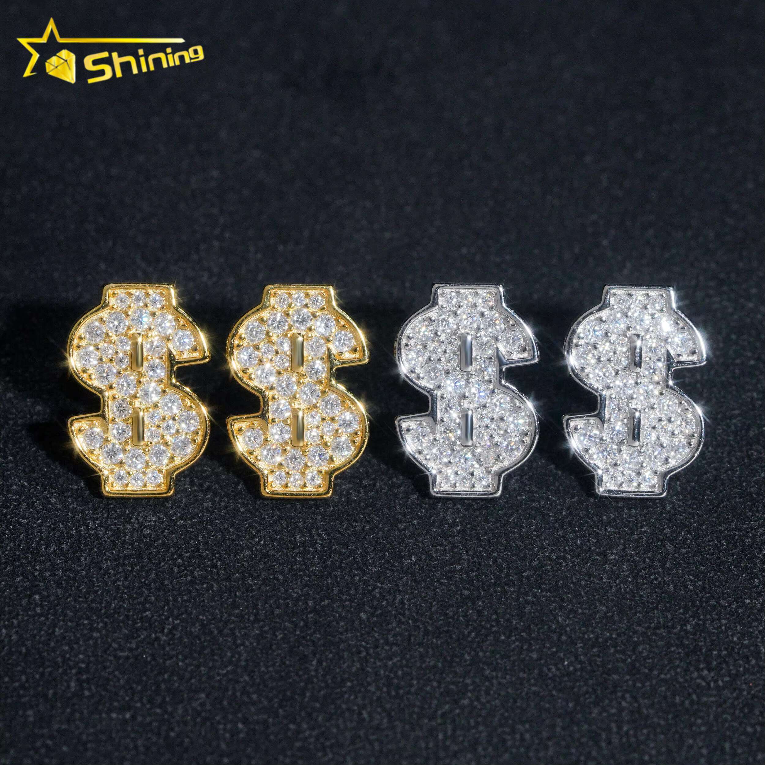 Diamond Tester Certified RTS Hip Hop Jewelry 925 Silver Gold Plated VVS Diamond Moissanite Stud Earrings Dollar Sign