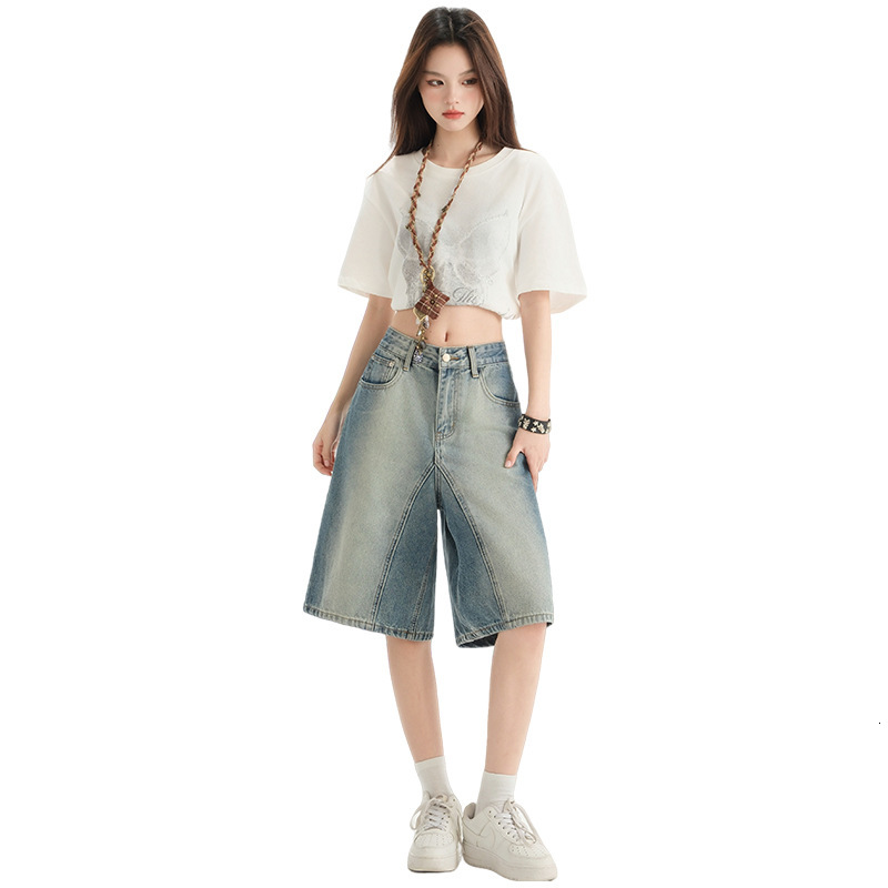2025S Women s Designer Shorts American High Waisted Five Quarter Pants Summer New Straight Leg Loose Fit Wide Leg Mid Length Pants Hot Pants Beach Pan