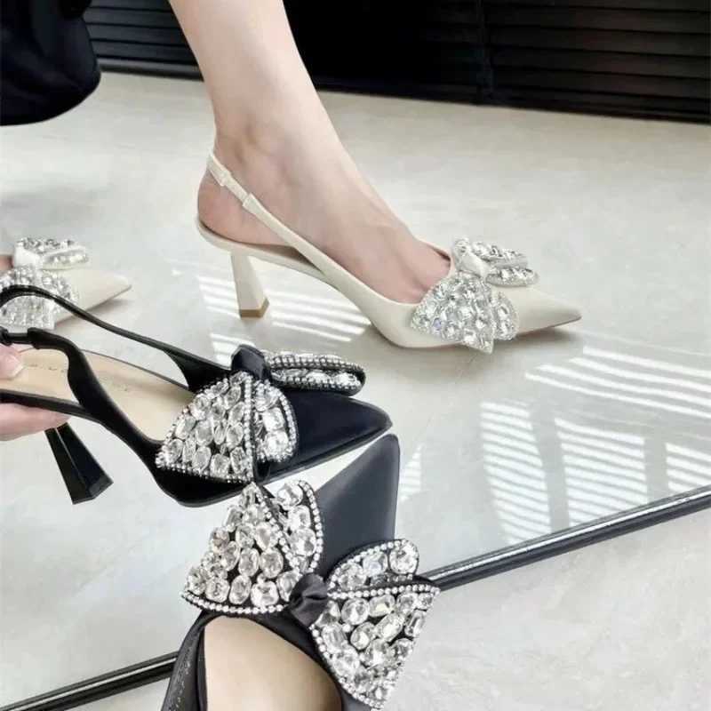 New Arrival High heels womens sandals 2025 womens slim high heels rhinestone high bow beige dot transparent closed new low comfortable solid T250409
