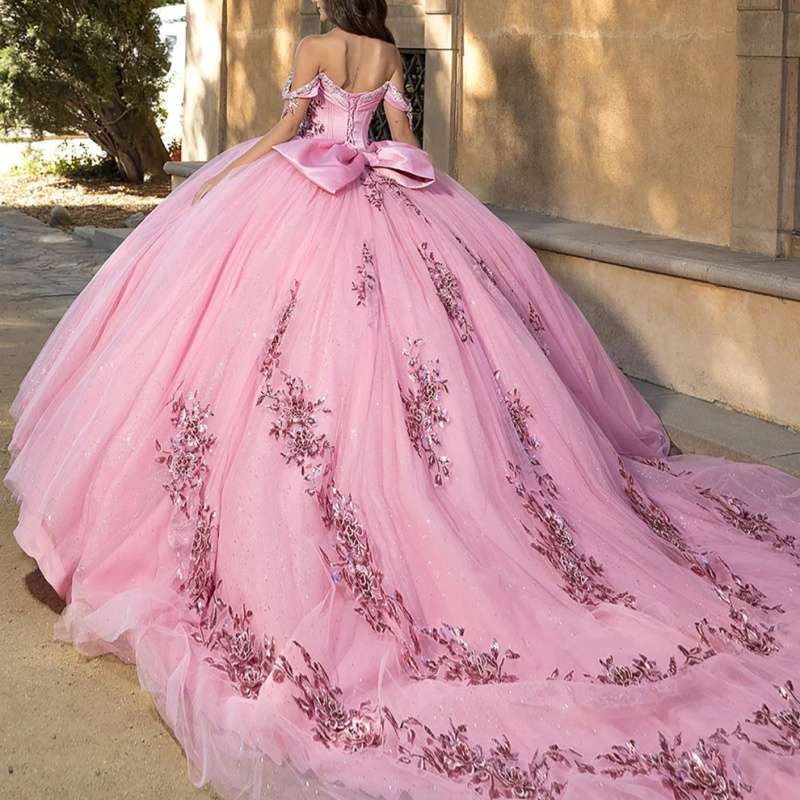 Pink Shiny Princess Quinceanera Dresses Off Shoulder Beads Sequin Applique Lace Bow Tull Sweet 16 Dress Ball Gown Vestidos 15 De Anos