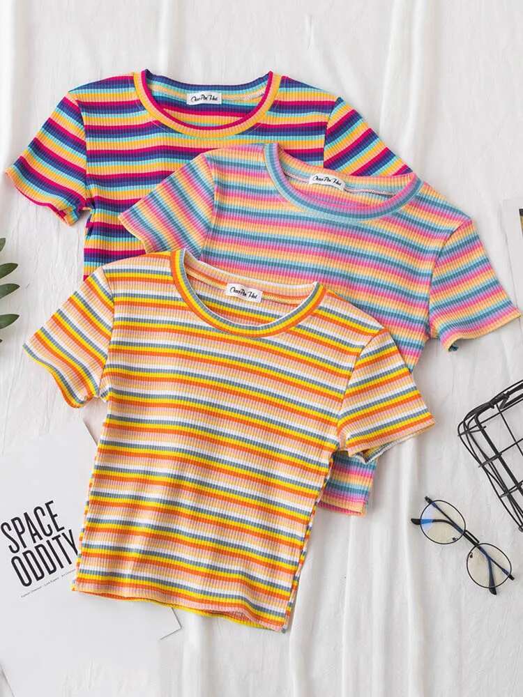 New T Shirt Women Rainbow Striped Slim Fit t shirt Haruku Tshirt Summer Short Sleeve Korean T-shirt feminina Clothes Tops