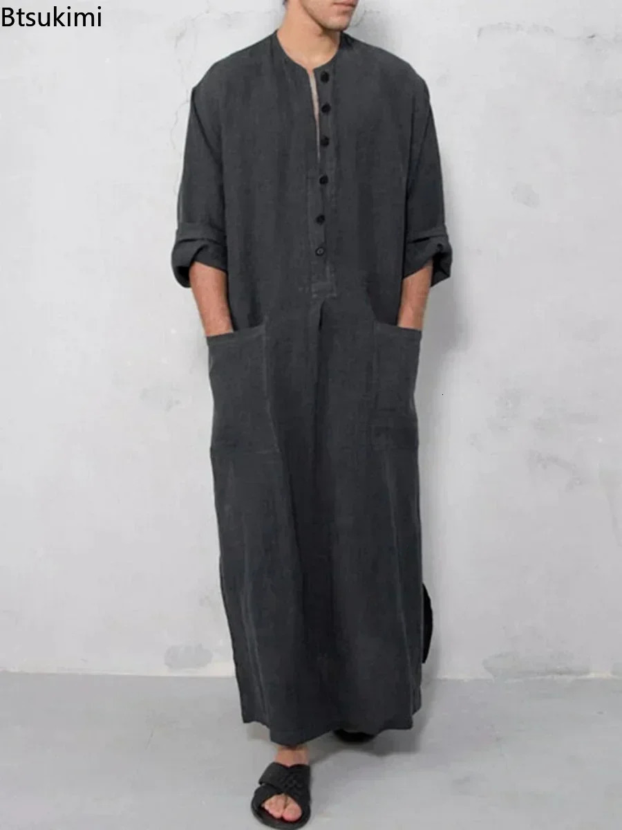 Retro Mens Islamic Arab Jubba Thobe Long Sleeve Solid Pocket Robe Saudi Arabia Abaya Dress Muslim Kaftan 250409