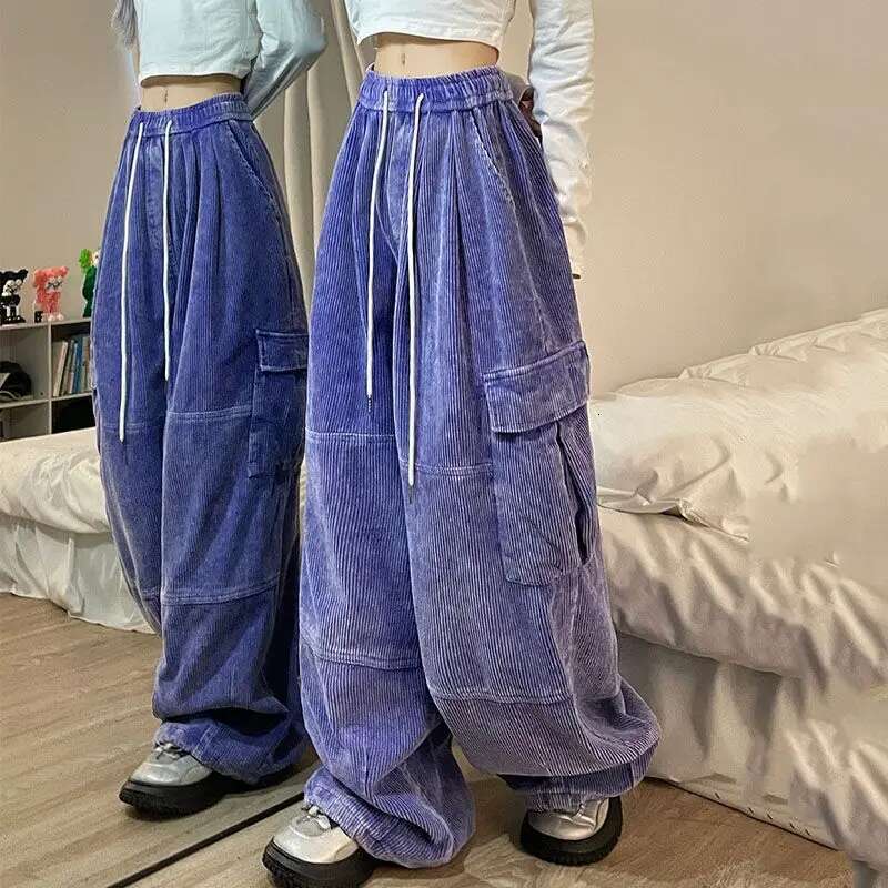 Women's Wear Women American Retro Original Corduroy Cargo Pants Loose Fit Wide Leg Or Length Straight Trousers With Thickened Washed And