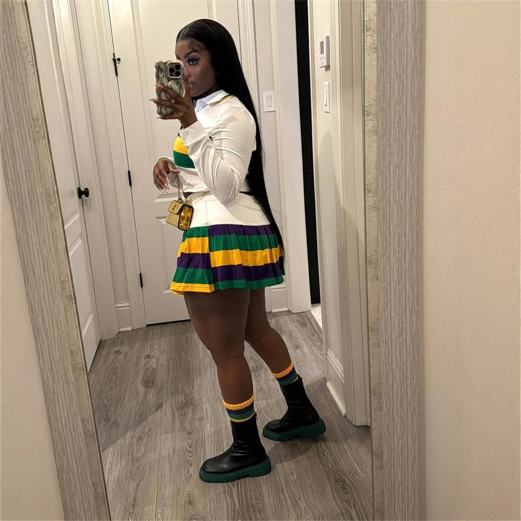 2025S Designer Women S Set New Fashion Contrasting Striped Girl Style Lapel Long Sleeved Top Pleated Short Skirt Set For Women