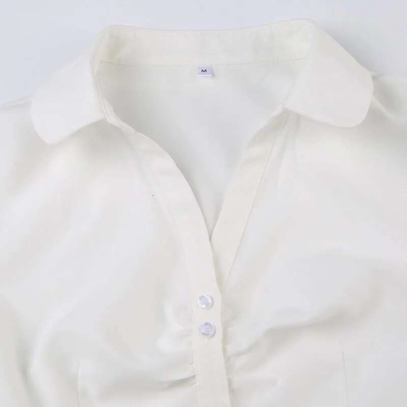 Women's Vintage Folds Crop Top Y2K White Button Up Short Sleeve Blouses Woman Fashion Bandage Streetwear Cropped T-Shirt Summer