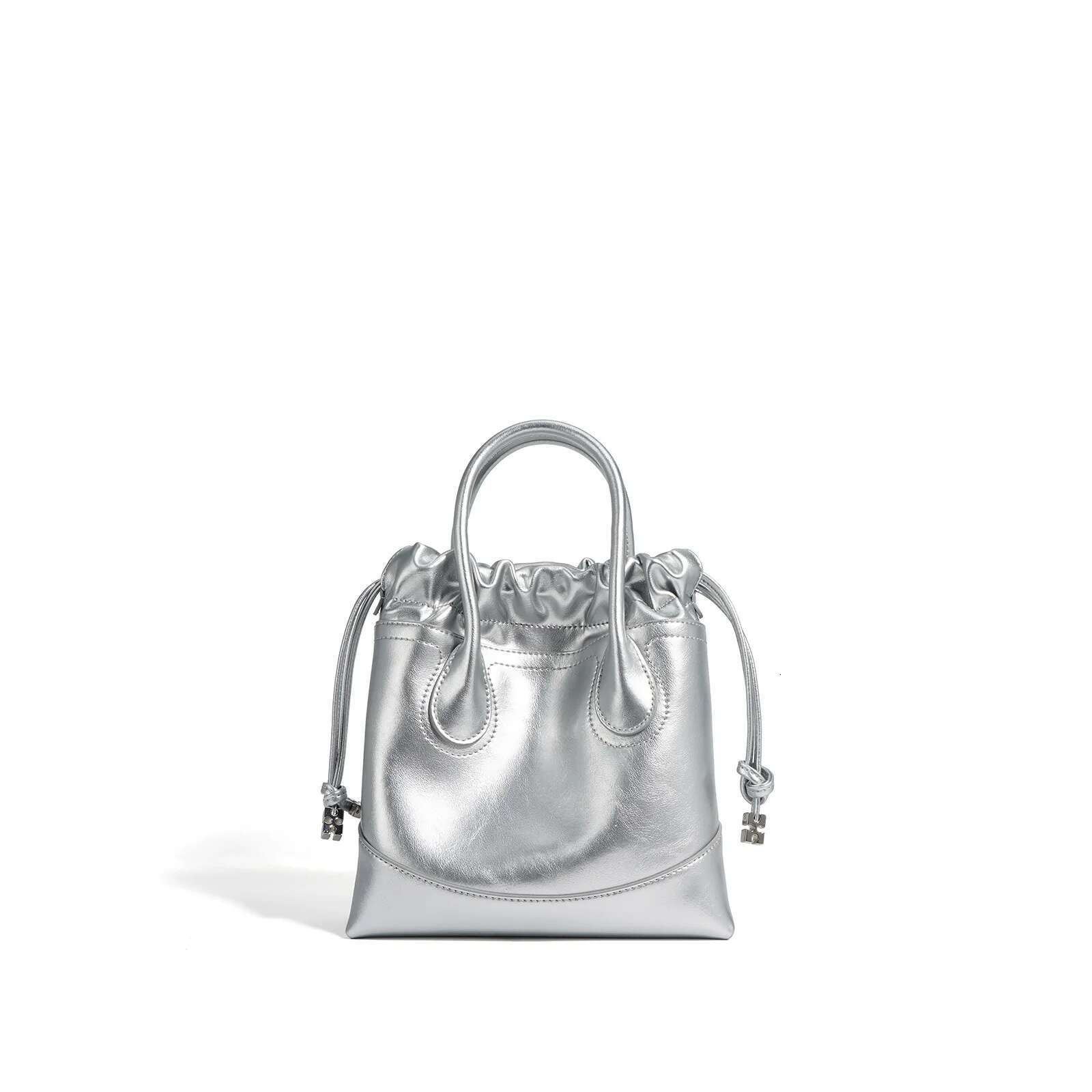 Fashion Lady Real Leather Ruched Bucket Pouch Purse For Women Chic Casual Drawstring Bag With Double Pocket