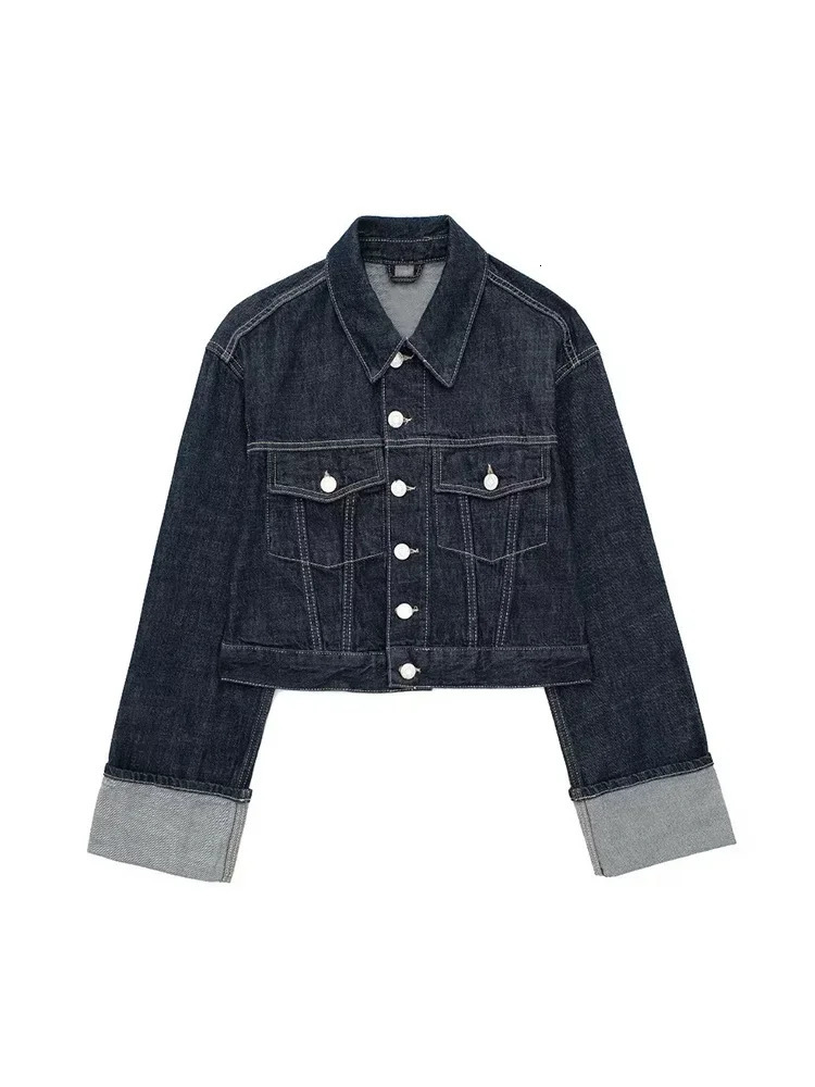 Willshela Womens Fashion Pocket Denim Blue Single Chest Jacket Retro Collar Long Sleeve Clothing 250409