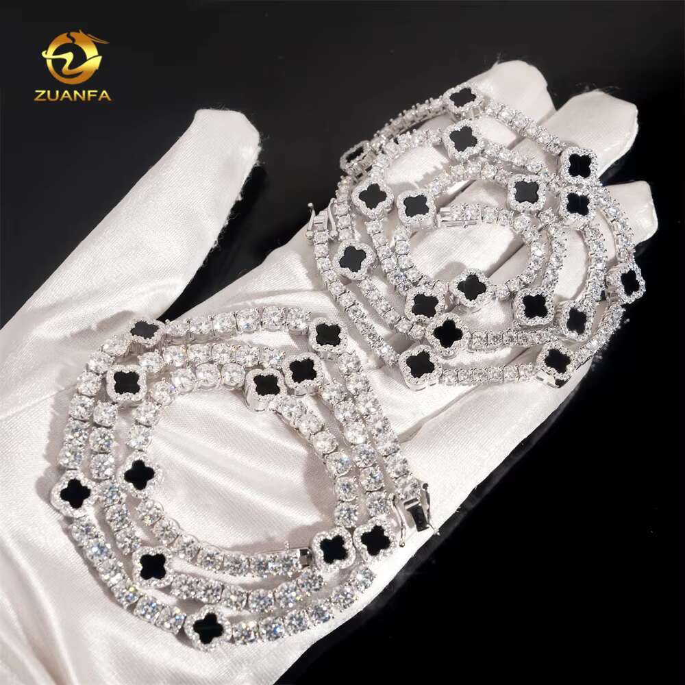 Iced Out 3mm 5mm 925 Silver Moissanite Diamond Tennis Necklace with Flower Design Fashion Tennis Jewelry for Men Women