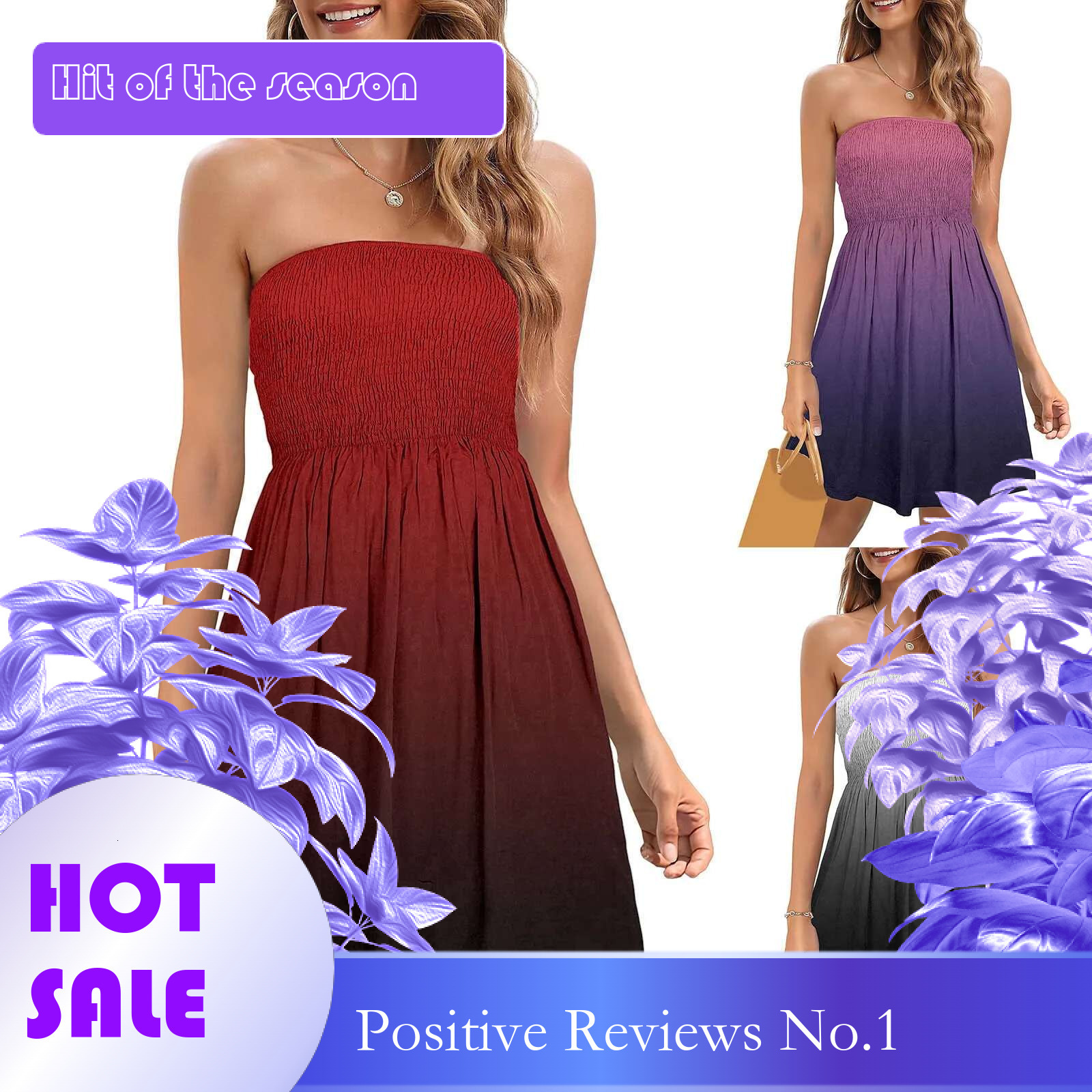 Dongdumaoyi Women S Summer Strapless Mini Dresses Gradient Smocked Casual Beach Tube Top Dress Cover Ups For Swimwear Bandeau Sundress