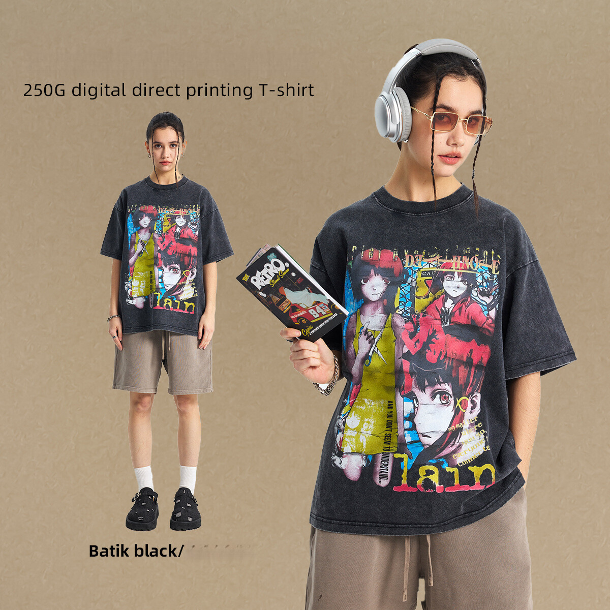 2025 Summer American Trendy Brand Wax 250g Digital Printing Men's Short sleeved Street Washed Casual T-shirt