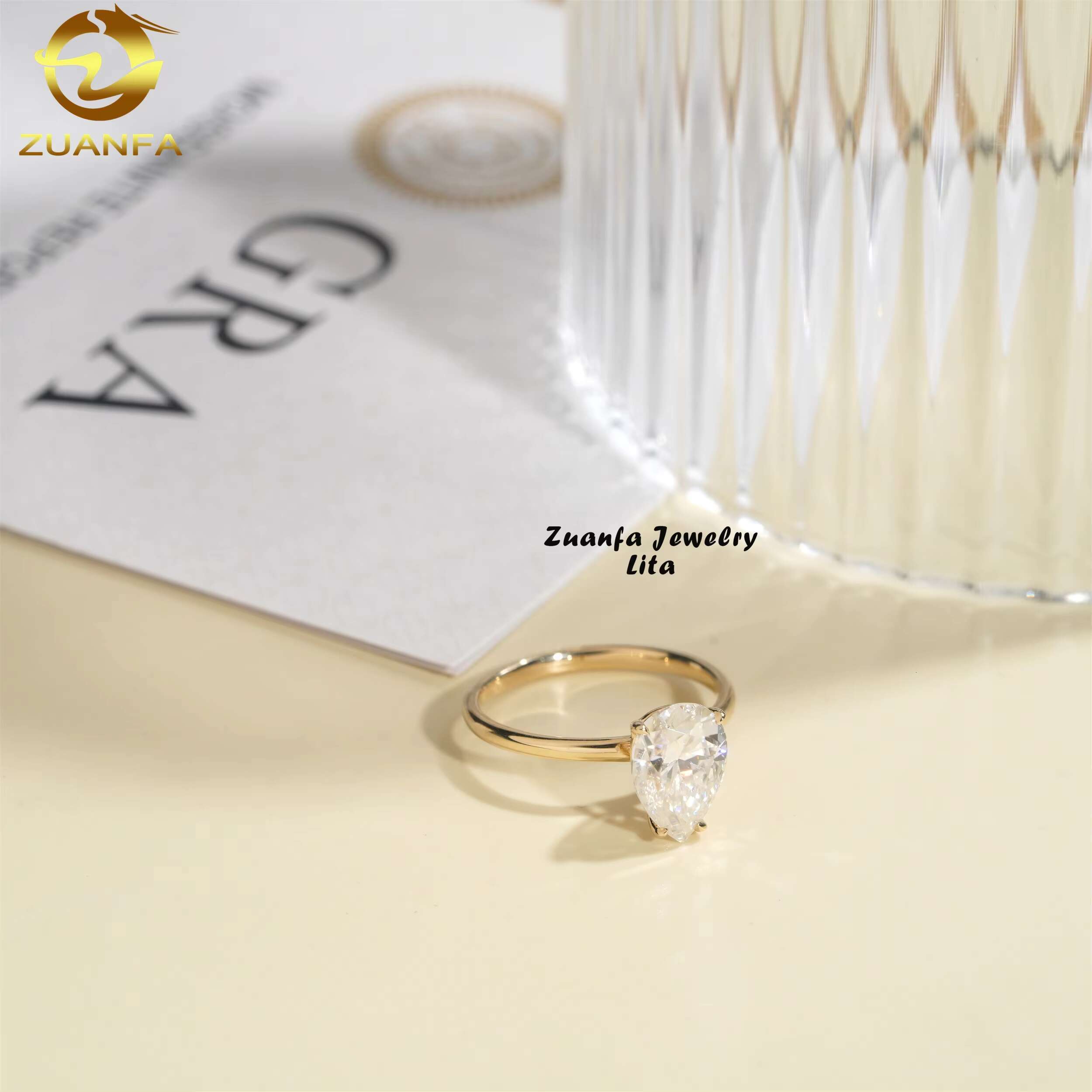 Fashion Jewelry 14k Solid Gold Engagement Wedding Rings Pear Cut 2ct Prong Setting Moissanite Ring for Women