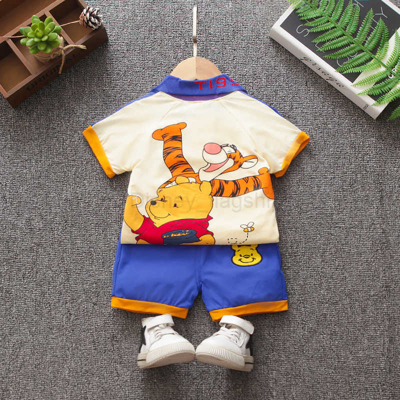 Disney Childrens wear childrens suit boys and girls Tigger Cartoon Bear Lapel color matching short sleeve shorts baby two-piece setXJ250409