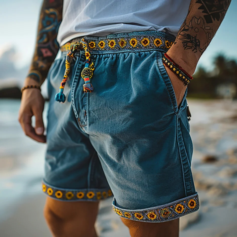 Retro Holiday Beach Shorts For Men Clothing Causal Loose Drawstring Knee Length Pants Fashion Flower Prints Mens Short Pants 250408