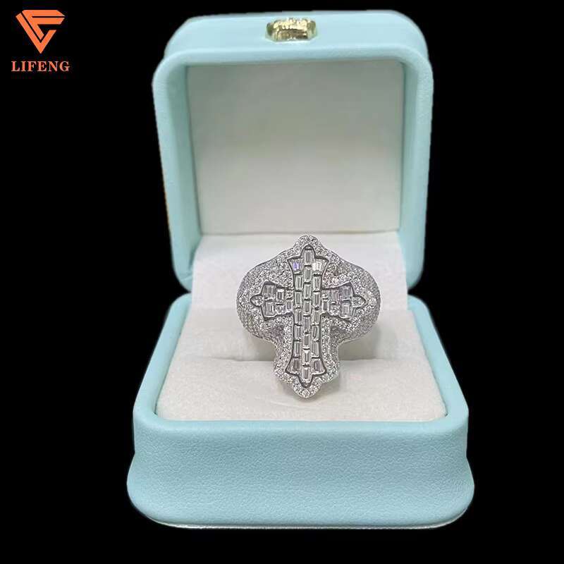 Fine Jewelry Mens Cross Ring 14K/18K White Gold Plated VVS Moissanite Ice Diamond 925 Sterling Silver Baguette Cut Hip Hop