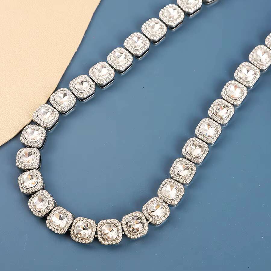 Hip Hop Set Iced Cube Zircon Necklace Real Alloy Tennis Chain Men's and Women's Party Accessories