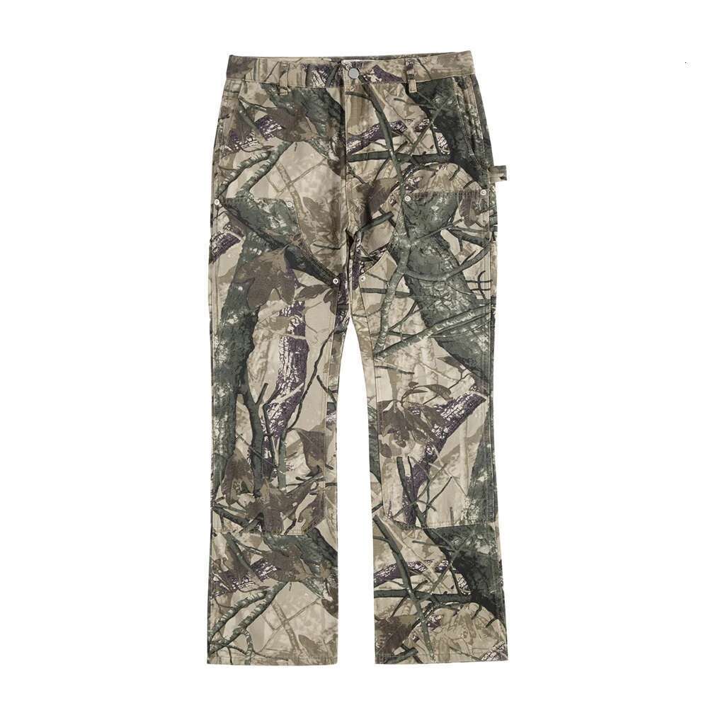 Streetwear Camouflage Print Flared Casual Mens Multi-Pocket Spliced Carpenter Pants Men Trousers