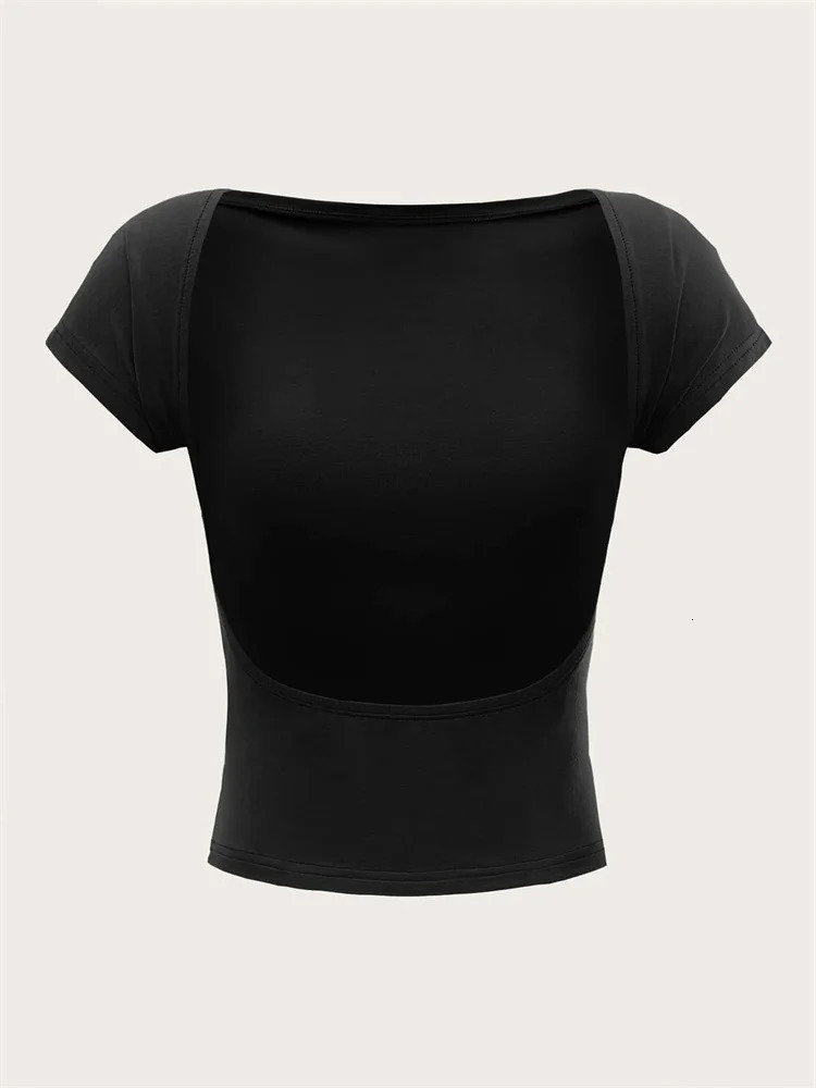 Womens O-neck Backless T-shirt Short Sleeve Solid Color Crop Top Summer Cute Baby Tee Y2K Clothes Bodycon Tunics Fashion Tank 250409