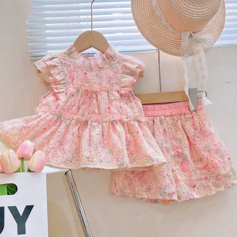 Summer Baby Girl 2PCS Clothing Set Sweet Lace Printed Sleeveless Shirt+Shorts Set Belle Girl Elastic Wiast Shorts Kid Girl Set S2548